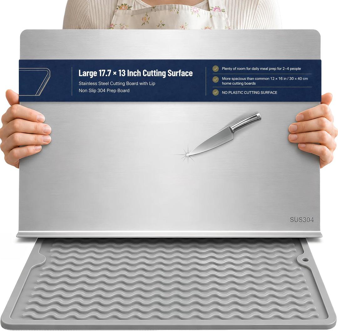 304 Stainless Steel Cutting Board with Lip, Non Slip Mat, 13 x 17.7 Inch
