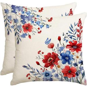 RABUSOFA 4th of July Memorial Day Patriotic Throw Pillow Cover,18x18 Inch Red White and Blue Flowers Independence Day American Fourth of July Decoration for Sofa Couch Set of 2