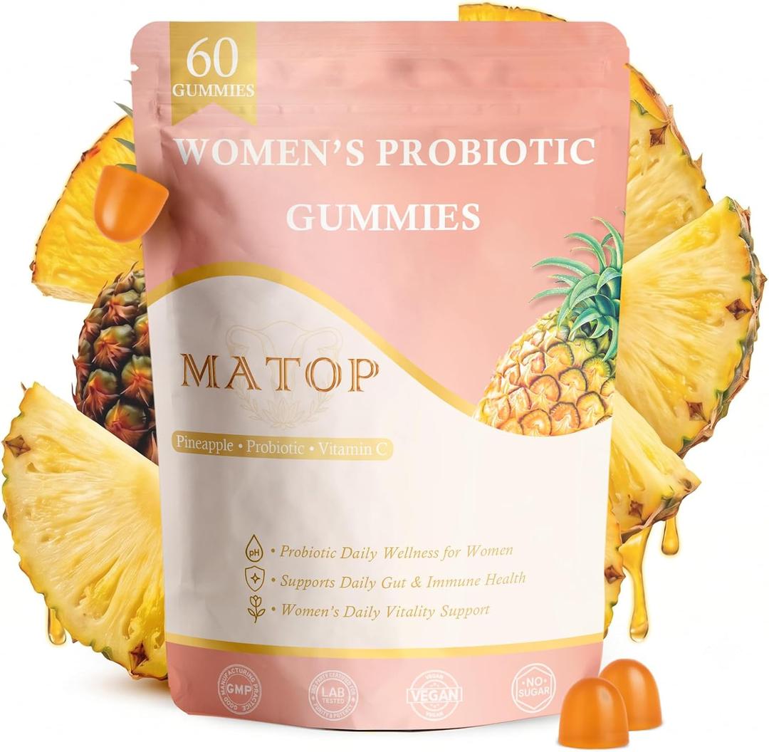 MATOP Womens Probiotic Pineapple Gummies Gut Health & pH Balance Daily Digestive Feminine Wellness, Vegan Sugar-Free, 60 Count (EXP 10/06/27)