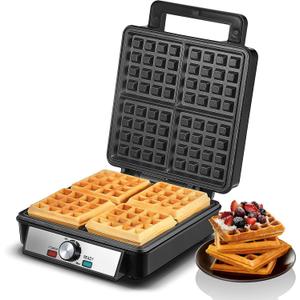 1200W Belgian Waffle Maker 4-Slice, Stainless Steel, 5 Browning Levels, Non-Stick Surfaces, Silver/Black, FOHERE - Perfect for Family Breakfasts (Black)