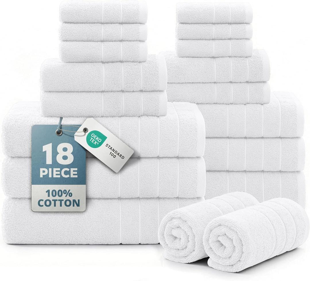 CASA PLATINO 100% Cotton Bath Towel Set 18 Pc - Super Soft, Absorbent & Quick Dry - 6 Bath, 6 Washcloths, 6 Hand Towels for Bathroom - Hotel Quality Turkish Towels, Ideal for Spa, Gym & Travel - White