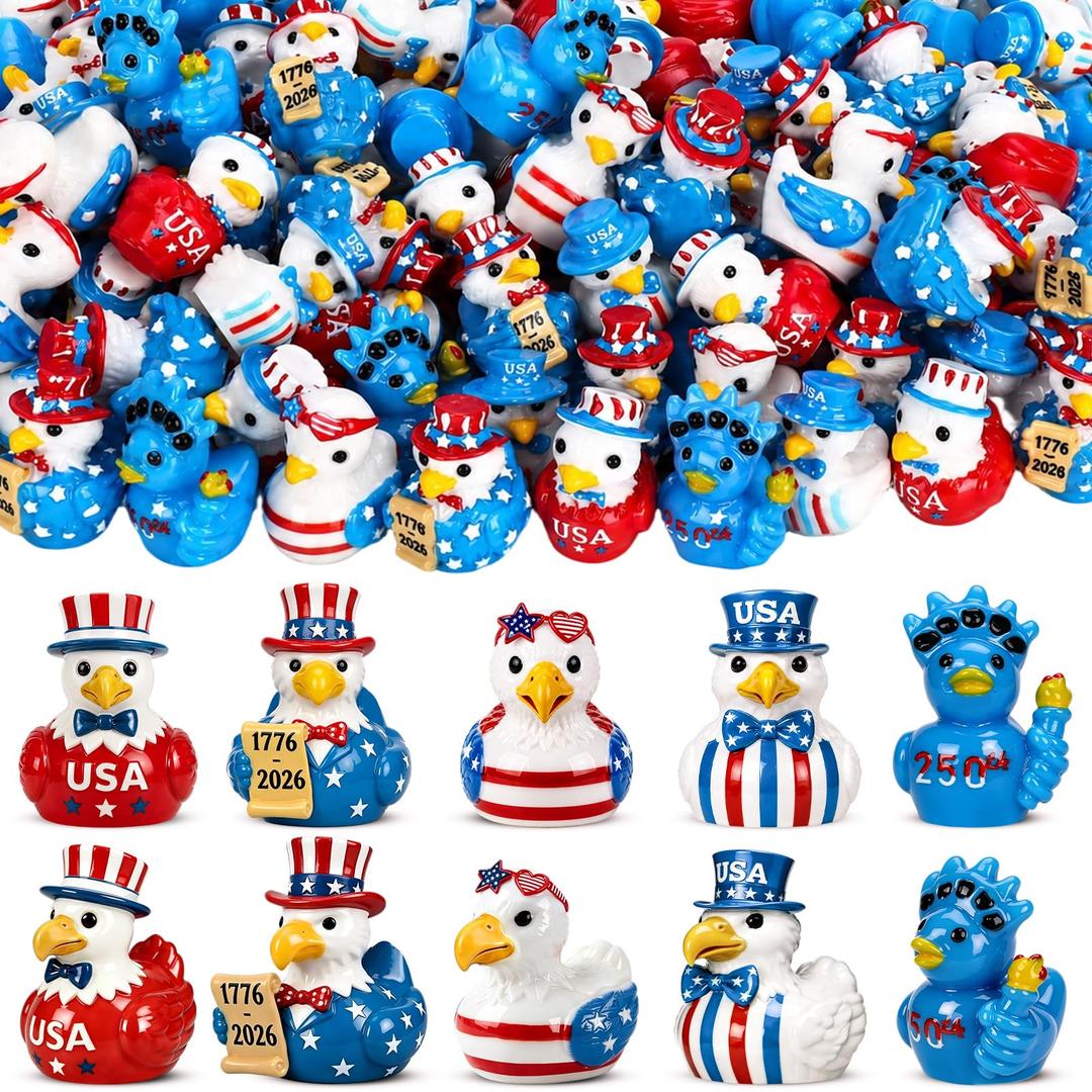 80Pcs Patriotic Mini Ducks 5 Style Resin Duck Figurines 4th of July Tiny Duck Decorations with USA ,Bald Eagle and 250th Anniversary Designs for Independence Party Gifts Desk Decor and DIY Crafts