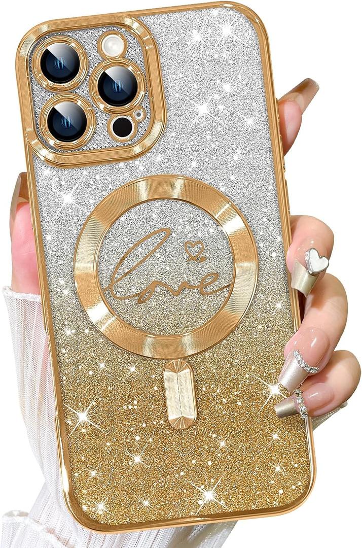 Fiyart Designed for iPhone 16 Pro Max Case,Compatible with MagSafe Love Hearts Plating Camera Protection TPU Magnetic Glitter Shockproof Phone Bumper for Women Girls 6.9"-Gold