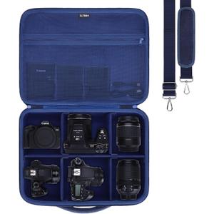L LTGEM Large Camera Case Compatible with Canon/Sony/Nikon DSLR Mirrorless Camera and Multiple Lens, Hard Travel Carrying Case with 5 Dividers and Shoulder Strap, Navy Blue