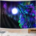 Wolf Moon Tapestry, Colorful Cool Psychedelic Wolf Poster Tapestry Wall Hanging, Purple Hippie Trippy Tapestry for Bedroom Aesthetic, Wild Animal Wolves in Forest Tapestries for Living Room, 60X40in