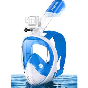 Greatever Full Face Snorkel Mask, Snorkeling Gear for Adults with Latest Dry Top Breathing System and Detachable Camera Mount, Foldable Snorkel Mask Adult, Snorkels Anti-Fog & Anti-Leak (Small-Medium, White Blue)