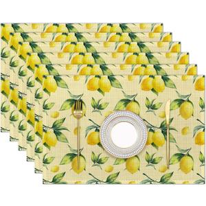 Placemats Set of 6, Lemon Yellow Linen Place Mats,Modern Washable Table Placemats 12"x18" Heat Resistant Table Mats for Dining Kitchen Party Holiday Decoration