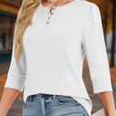 3/4 Length Sleeve Womens Tops Crew Neck Buttons Henley Shirts Tunic T Shirts Loose Fit Work Blouses 2025 Fall Trendy (White, M)