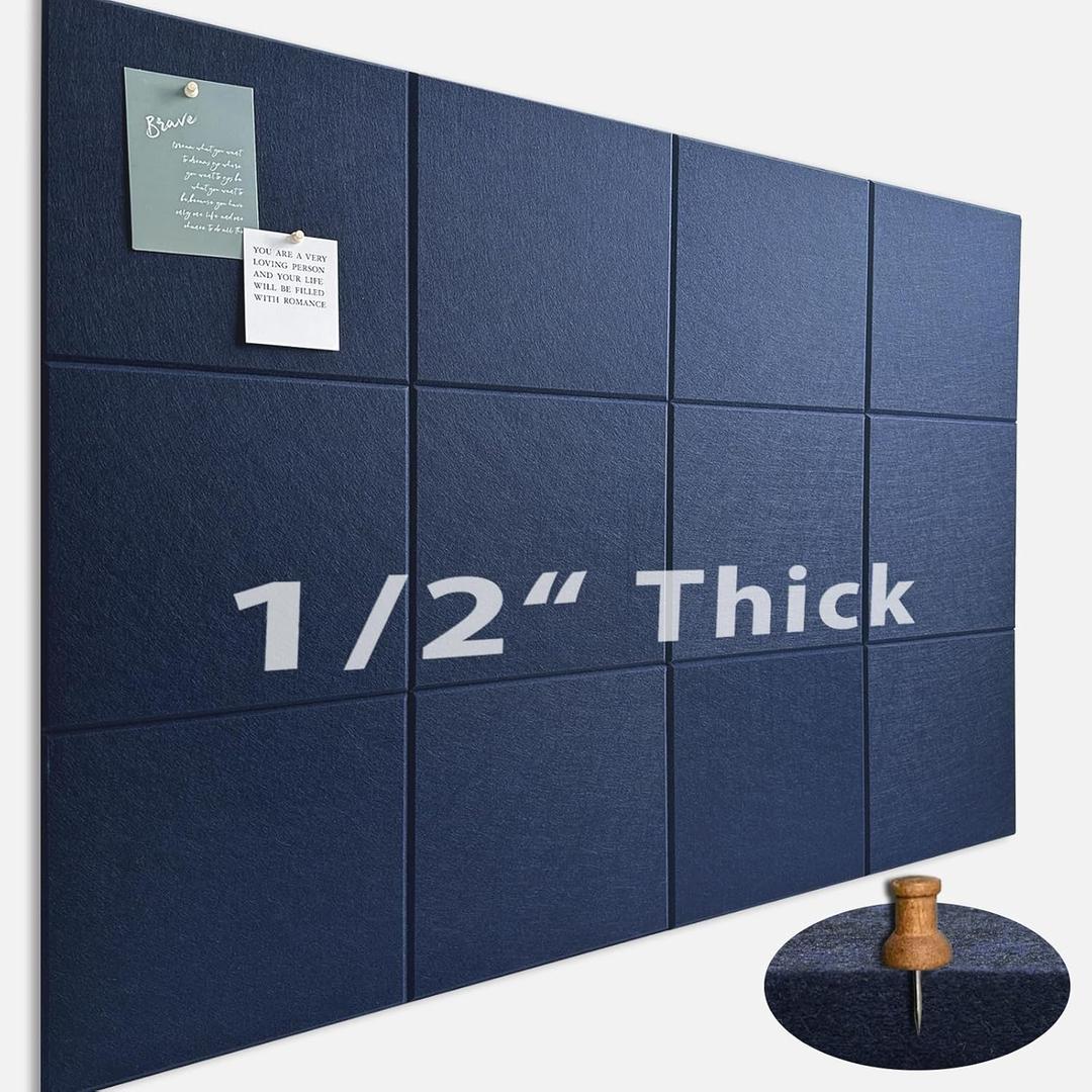 Large Cork Board for Office Wall Decor,48"x36"-12 Pack Felt Wall Tiles with Safe Removable Adhesive Tabs, Thicker 0.47in, Felt Bulletin Board Pin Board Cork Boards for Walls - Dark Blue