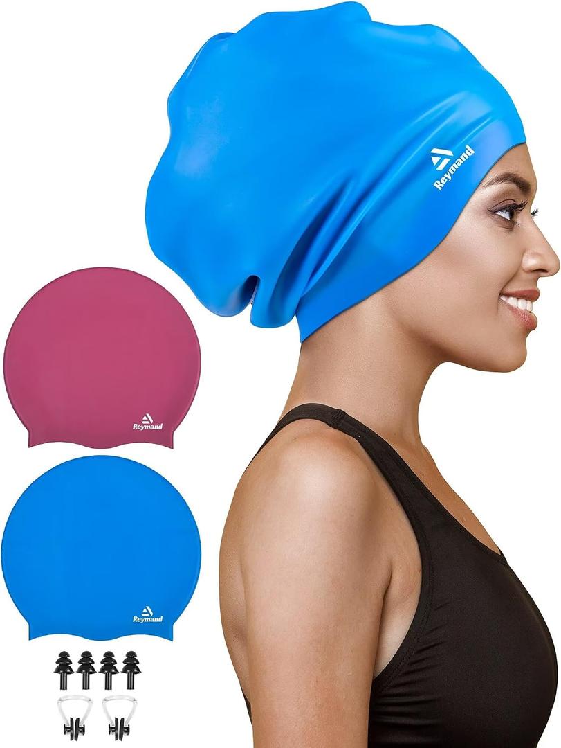 2 Pack Extra Large Swim Cap for Braids and Dreadlocks, Silicone Swimming Caps for Long Hair, Weaves, Extensions, Curls & Afros, Waterproof Adult Swim Hats Bathing Caps for Women Men