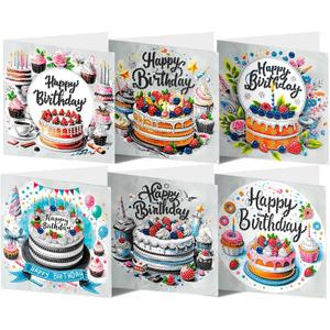 pigpigboss 6 Packs Happy Birthday Diamond Painting Greeting Cards, Birthday Cake Diamond Art Cards with Envelope, Special Shaped Birthday Cake Painting Crads for Adult Birthday Blessing