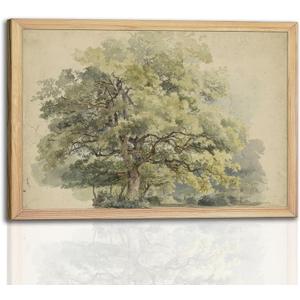 Watercolor Oak Tree Wall Art 12x16Inchs - Green Nature Landscape Painting Print with Light Wood Frame, Rustic Farmhouse Home Decor for Living Room Bedroom Office, Framed Canvas Picture Poster