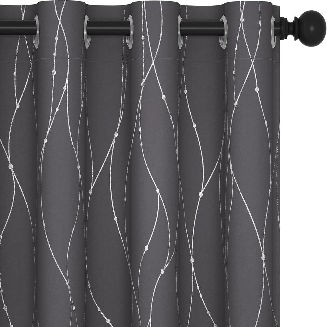 Deconovo Blackout Grommet Silver Pattern Printed Curtains, Dark Grey, 52W x 84L