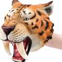 Gemini&Genius Saber-Toothed Tiger Hand Puppet, Saber-Toothed Wild Animal Puppets Toys, Soft Rubber- Realistic Action Figure Toys- Role Play, Storytelling and Play Games for Kids-Yellow