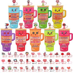 36 Pack Valentines Day Cards with 10mm Straw Covers Caps Compatible with Stanley Cup Tumbler Valentines Day Cards for Kids School Classroom Exchange Gift Party Favors