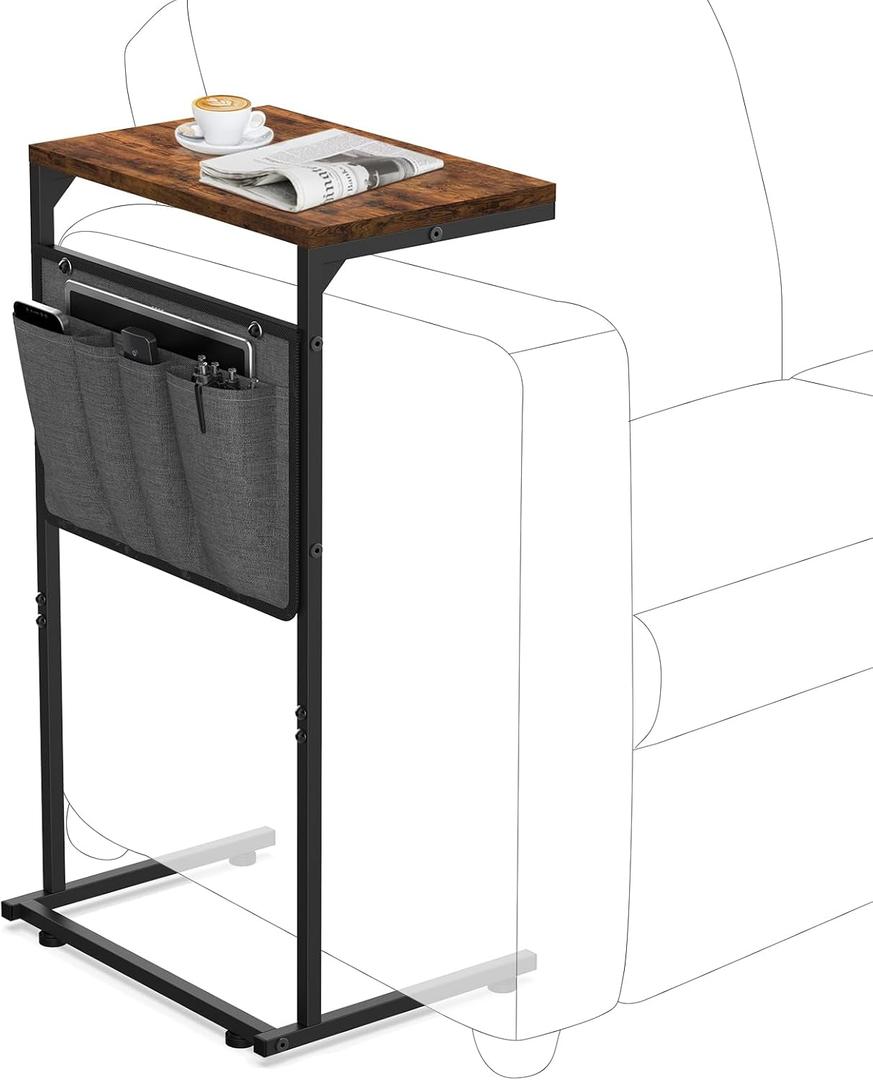 Vantic C Shaped End Table, Small Side Table for Couch and Recliner, Slide Under Sofa Tray Desk with Storage Bag for Living Room and Bedroom, Rustic Brown