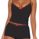 XBTCLXEBCO Sexy Pajama Sets for Women Fitted V Neck Cami Tank Top and Shorts Set Bow Front 2 Piece Sleeveless Pjs Sleepwear (Black, L)