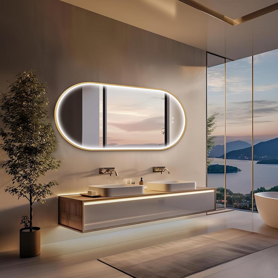 ThieaMo 51"x27" Oval LED Bathroom Mirror with Lights, Gold Frame, Frontlit
3 Colors Adjustable, Shatter-Proof, Anti-Fog, IP65 Waterproof, Lighted Bathroom Vanity Mirror for Wall, Horizontal/Vertical