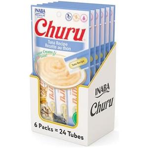 INABA Churu Cat Treats, Grain-Free, Lickable, Squeezable Creamy Purée Cat Treat/Topper with Vitamin E & Taurine, 0.5 Ounces Each Tube, 24 Tubes (4 per Pack), Tuna Recipe, Best By 11/27/2025 