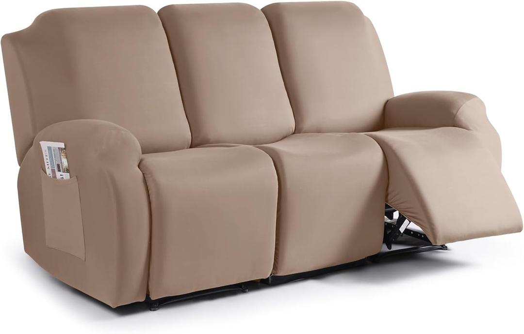 TAOCOCO Recliner Sofa Slipcover, 3 Pieces Polyester Fabric Stretch Sofa Covers for 3 Seat Reclining Couch, Soft Washable Furniture Protector with Pockets (3 Seat, Khaki)