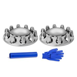 Chrome Dome 2 Front Axle Cover Kit with 32mm/33mm Thread-on Lug Nut Covers with Removable Hub Caps for Semi Truck (Installation Tool Included)