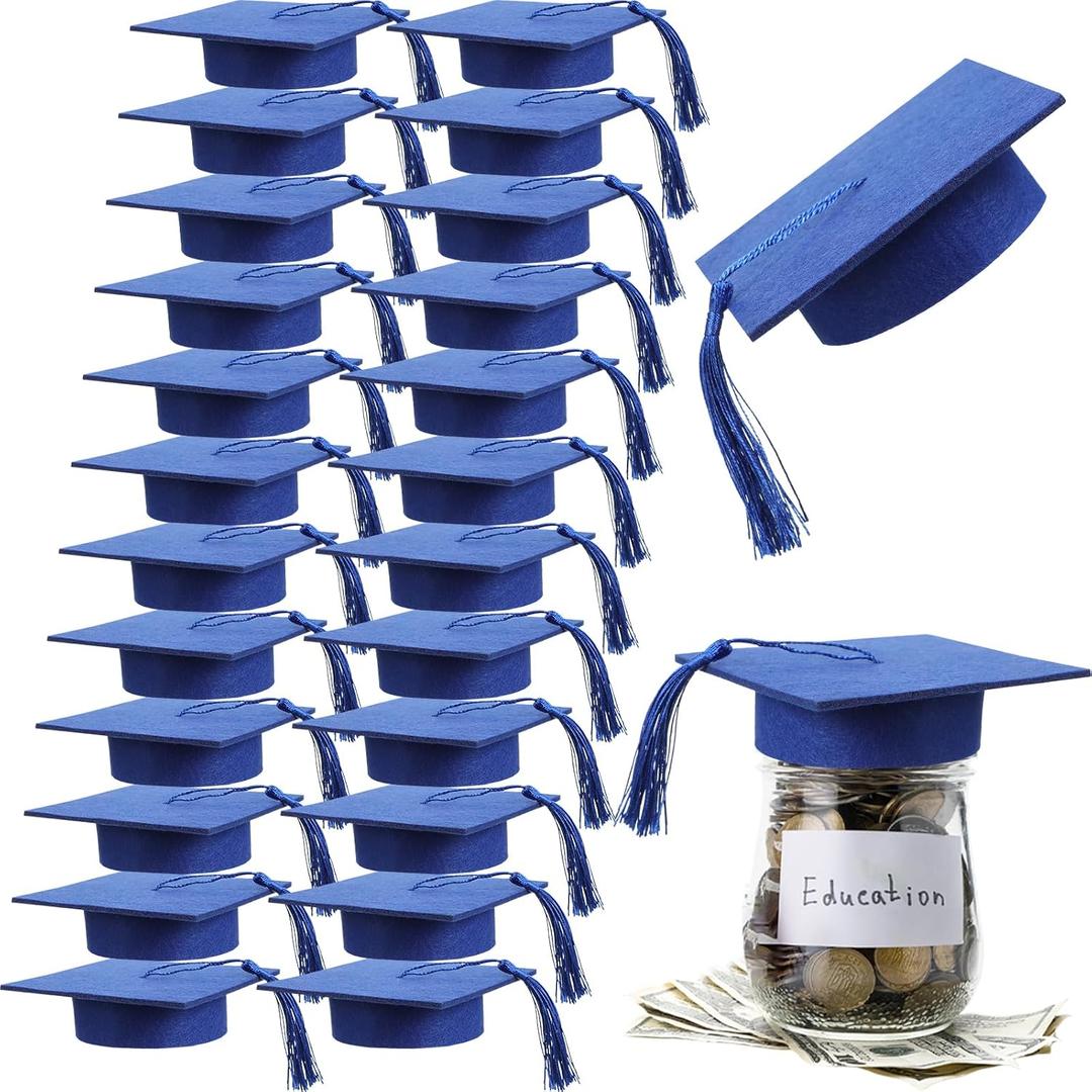 Mindsoft 24 Pcs 2026 Graduation Cap Decorations Mason Jar Lid with Tassels 4.2 Inch Grad Hat Large Mason Can Toppers for 2026 Graduation Party Supplies Table (Blue)