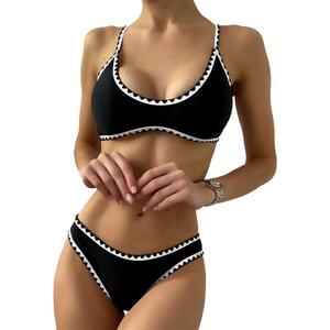 ZAFUL Women's Tie Back Padded High Cut Bralette Bikini Set Two Piece Swimsuit (2-black) S