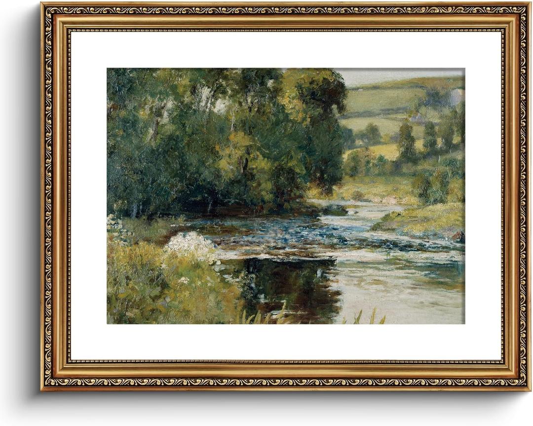 ARPEOTCY Vintage Gold Framed Large Wall Art, Nature Streamside Retro Paintings, Canvas Prints Artwork with Antique Frame, Victorian Wall Pictures Decor for Living Room Gallery Room 16x20 inch
