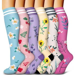 Bluemaple 6 Pack Copper Compression Socks for Women and Men Circulation-Best Support for Medical, Running,Nursing,Athletic (Small-Medium, D-assorted11-flowers)