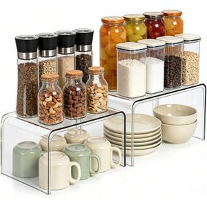 Clear Cabinet Organizer, Shelf Organizer Set of 2 for Kitchen Pantry Organizers and Storage, Display Cabinet Shelf Room Decor Countertop Desk Shelves, Patented Spice Organization for Cabinet