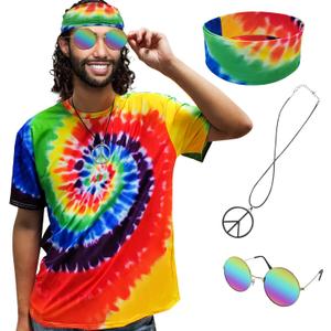 Hippie Costume for Men Women 60s and 70s colorful T-shirt sunglasses headband Peace Necklace 4-Piece Theme Party (Large)