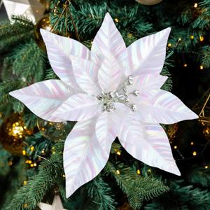 12 Pcs Christmas Iridescent Poinsettia Flowers Artificial 10.6'' Large Shimmery Iridescent Christmas Flowers Decorations with Picks DIY Glitter Xmas Tree Wreath for Xmas Party Decoration