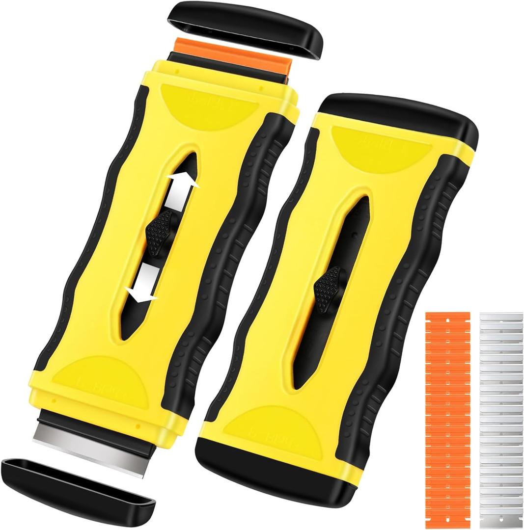 DEKEones Razor Blade Scraper, 2 Pack2-in-1 Scraper Tool with 5Pcs Plastic Blades and 5 Pcs Metal Blades, Multifunctional Cleaning Razor Scraper for Stickers, Decals, Cooktop, OvenYellow