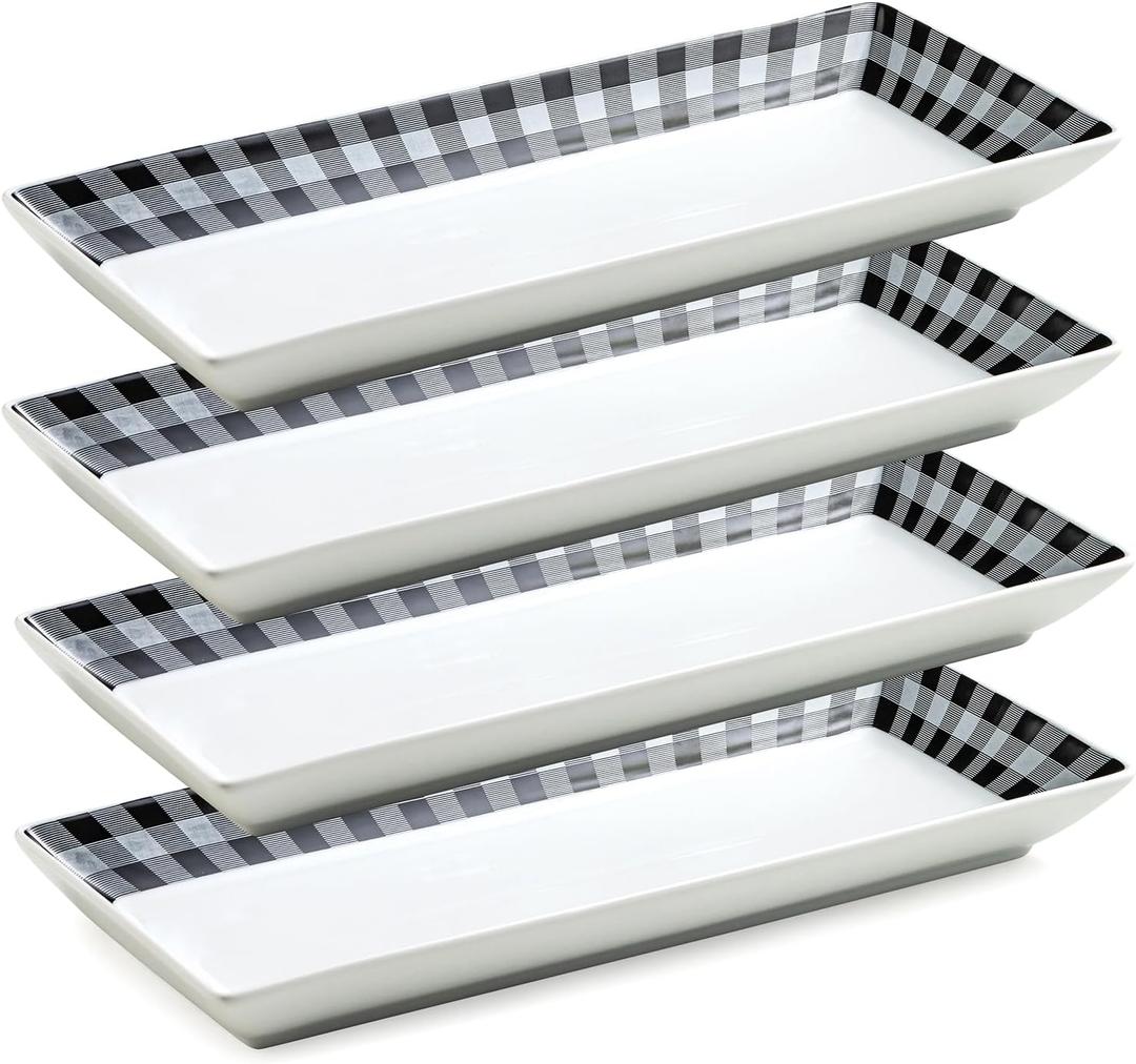 LAUCHUH Dinner Plates, 14 inch Porcelain Checkered Serving Platters Black and White Rectangular Plates Serving Trays for Food Set of 4 for Halloween, Party, Cheese, Cakes, Cookies, Fruit, Vegetables