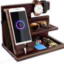 Gifts for Men Bedside Organiser Wood Phone Docking Station Dad Birthday Gifts for Him Nightstand Key Wallet Watch Stand Mens Gifts for Xmas Presents for Dad Husband Boyfriend Anniversary & Christmas (Nut Brown)