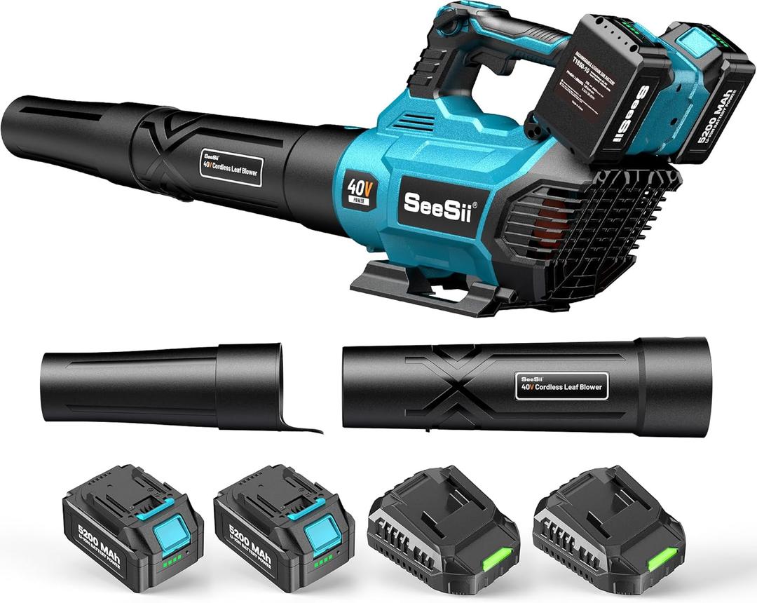 Seesii 40V Leaf Blower Cordless, 680CFM/210MPH Brushless Motor with 2 * 5200 mAh Batteries and 2*Chargers, Variable Speed Control & Turbo Button, Electric Blower for Lawn Care/Debris/Dust (Dark Blue)