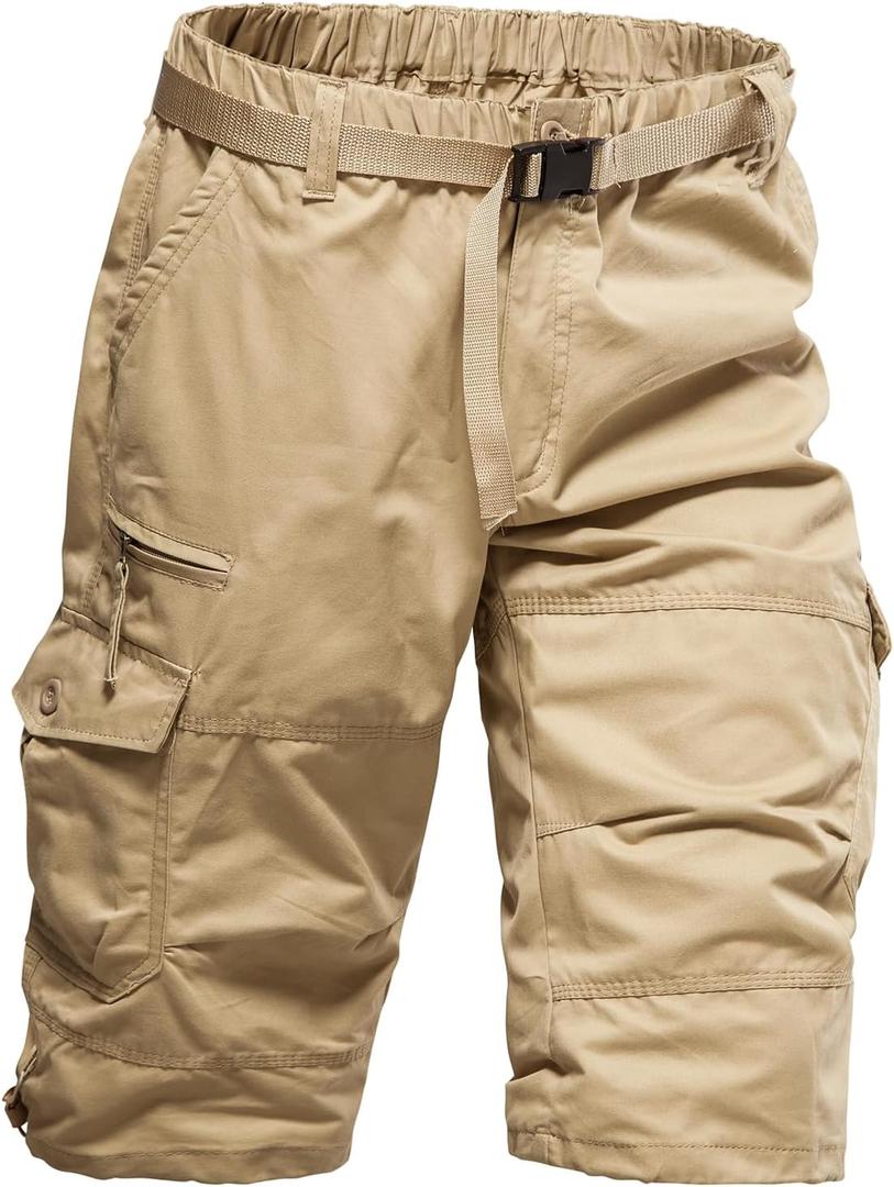 Mylldey Men's Cargo Shorts 3/ 4 Relaxed Fit Mens Running Shorts 7 Pockets Elastic Waist Cotton Hiking Shorts (Khaki, 4XL-B)