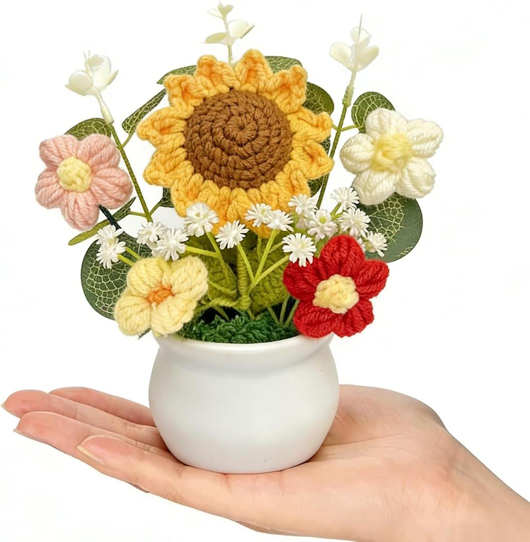 Handmade Crochet Sunflower Potted Plants Knitted Floral Decor for Office Desk, Car Dashboard, Unique Birthday Gifts for Women, Mom, Teacher (Sunflower Puff, 4 Pack, 7.1 x 2.76 Inches)