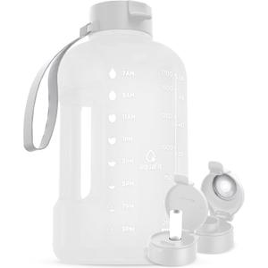 AQUAFIT 64 oz Water Bottle with Time Marker - Straw & Chug Lid - BPA Free Half Gallon Gym Water Bottle with Handle - Big Gallon Jug (White, 64 Ounces)