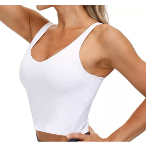 LASLULU Womens Sports Bra Seamless Long Crop Tank Racer Back Spaghetti Strap Workout Yoga Bra Padded Halter Neck Casual Tops (Small, White)