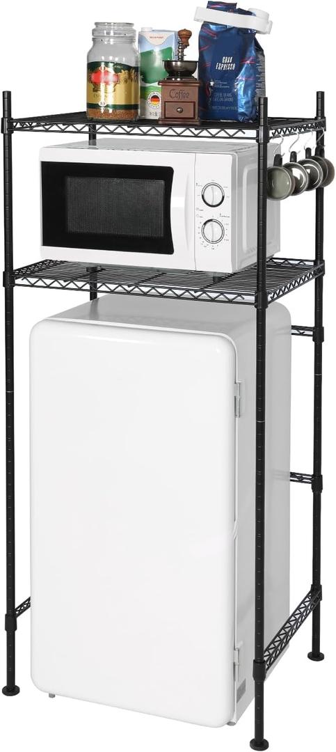 LUCKUP Mini Fridge Shelf 2-Tier Height Adjustable Mini Fridge Stand with Storage for Dorm Space Saving, Metal Microwave Organizer Shelf for Kitchen Room Apartment, Black