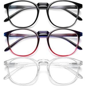 IBOANN Chic & Comfy Blue Light Glasses for Women - 3-Pack Round Frames, Screen-Ready Style with UV Protection Coating (A27 Light Black & Dark Blue Red & Transparent)