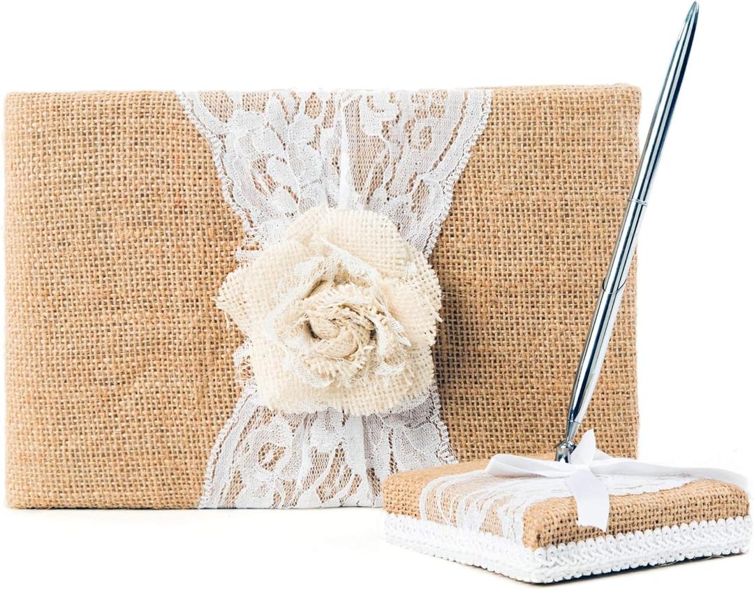 Rustic Wedding Guest Book Made of Burlap and Lace - Includes Burlap Pen Holder and Silver Pen - 120 Lined Pages for Guest Thoughts - Comes in Gift Box (White Rose)