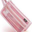 Four Candies Grid Mesh Pencil Case with Handle and Zipper, Clear Double-layer Pencil Pouch Marker Pouch, Travel Makeup Bag, Cute Transparent Stationary Organizer Pen Bag for Adult Office College