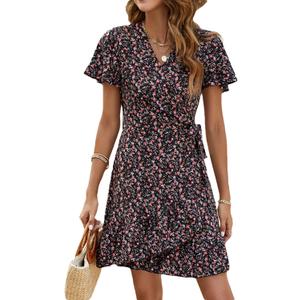 Naggoo Women's Summer Wrap Dresses V Neck Polka Dot Print Ruffle Short Sleeve Mini Floral Boho Dress with Belt (Black Red Floral, M)