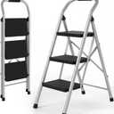 3 Step Ladder for Kitchen Step Stool, Lightweight Folding Step Stool with Curved Safety Handrail, Auto-Lock Mechanism & Non-Slip Wide Pedals, Slim&Foldable for Home Indoor (Silver）