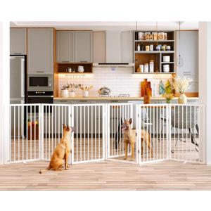 Vantas Folding No-Assembly Metal Pet Gate 120" Wide, 32" Extra Tall Dog Gate with Door Walk Through, Freestanding Accordion Puppy Gate Dog Door for Indoor & Outdoor, with 2PCS Support - White