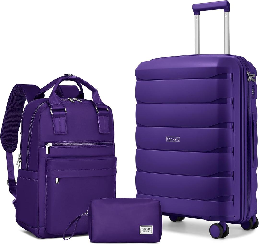 Carry On Luggage 22x14x9 Airline Approved, 22 Inch PP Hardshell Luggage Carry-on Suitcase with Spinner Wheels, Carry On Suitcase Set for Women(Purple) (20IN+BP/TB, GRAPE PURPLE-3PCS)