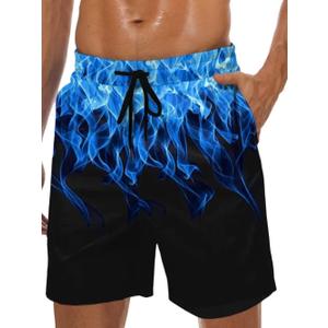 Men's Swim Trunks Hawaiian Bathing Mesh Lining Suit Swimsuits Beach Shorts with Pockets (Small, Black-blue Flame)