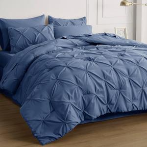 Bedsure California King Comforter Set Slate Blue - Bed in a Bag California King 7 Pieces, GentleSoft Pintuck Bed Set Gift for Family, Pinch Pleat Slate Blue Comforter with Sheets, Pillowcases & Shams